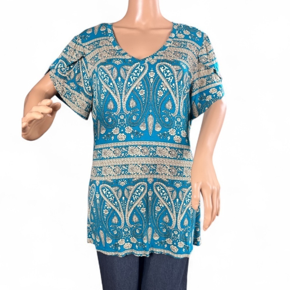 Teal and Beige Paisley Women's Top Cathy size XL